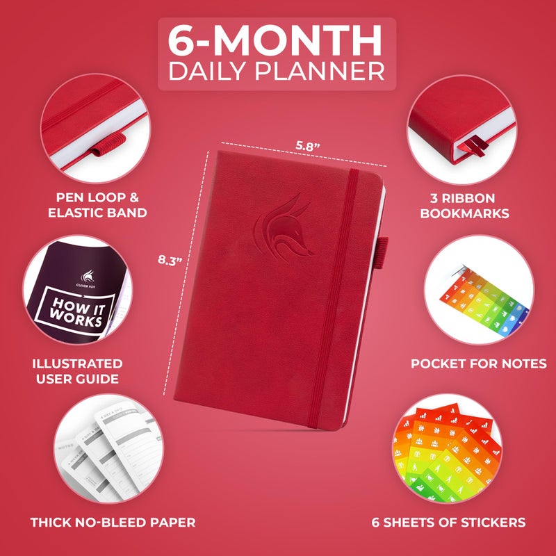 Clever Fox Daily Planner â€“ Undated Planning Notebook with Hourly Schedule & To-Do List â€“ Personal Day Task & Work Organizer, 6 Months (Red) - Image 2